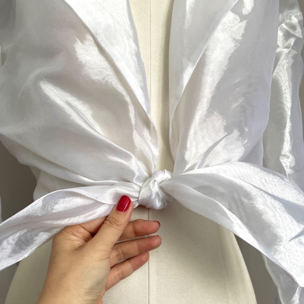 Vintage Sheer White Organza Cropped Tie Blouse - M/L - Picture 3 of 13